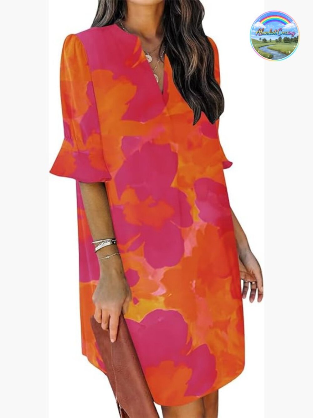 V Neck Ruffle Short Sleeve Shift Dress Casual Summer Women's